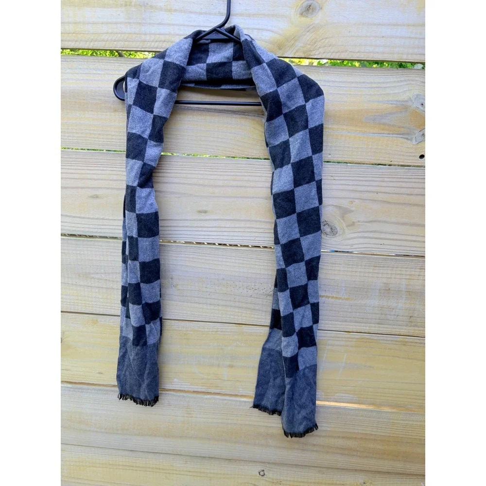 Charles's Wain New York Grey Checkered Scarf Cotton Viscose Blend Fringe Trim